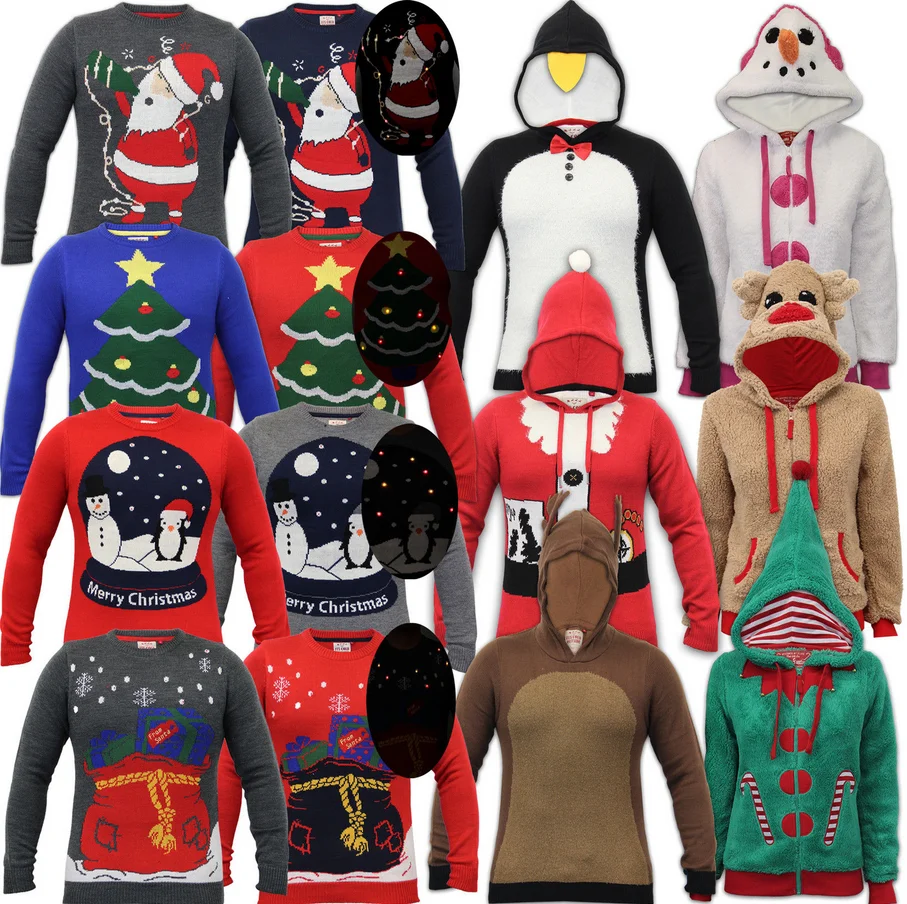 Wholesale Christmas Jumpers Xmas Novelty Santa Hood Borg, Mens Ladies Christmas Sweater Knitting Patterns