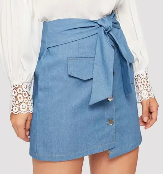 newest jean mini skirt button front knot skirt