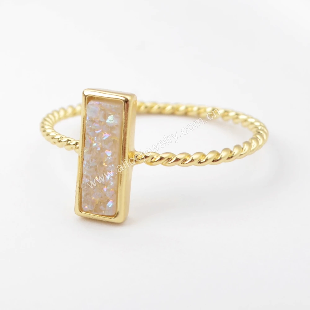 ZG0291 Hot Sales Rectangle Gold Plated Natural Agate Titanium Rainbow Druzy Bezel Ring, Moon Ring Jewelry