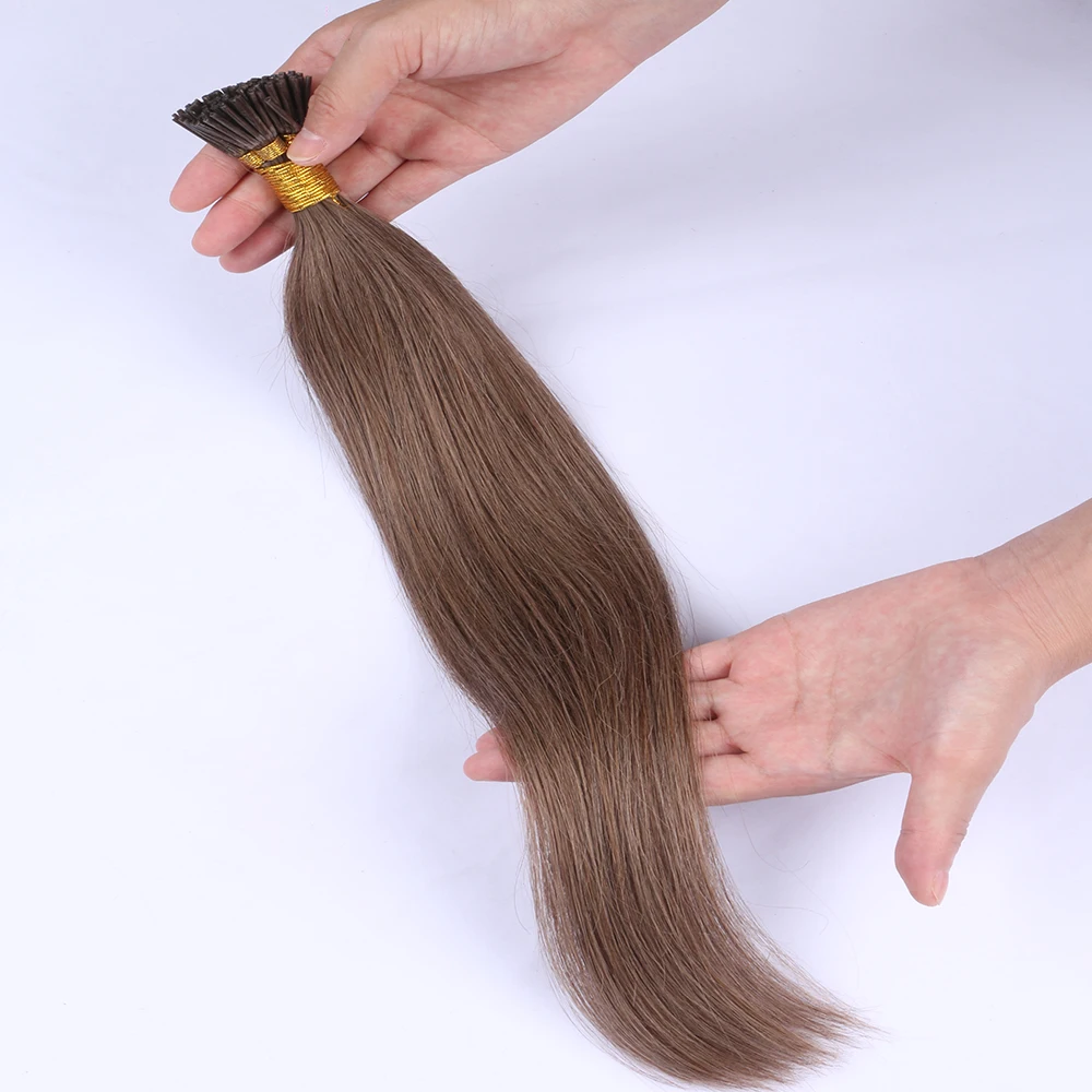 100 Strands I Tip Hair Extensions Human Hair Light Brown #8 Color Soft Straight Remy Hair Pre Bonded Stick Shoelace Tips