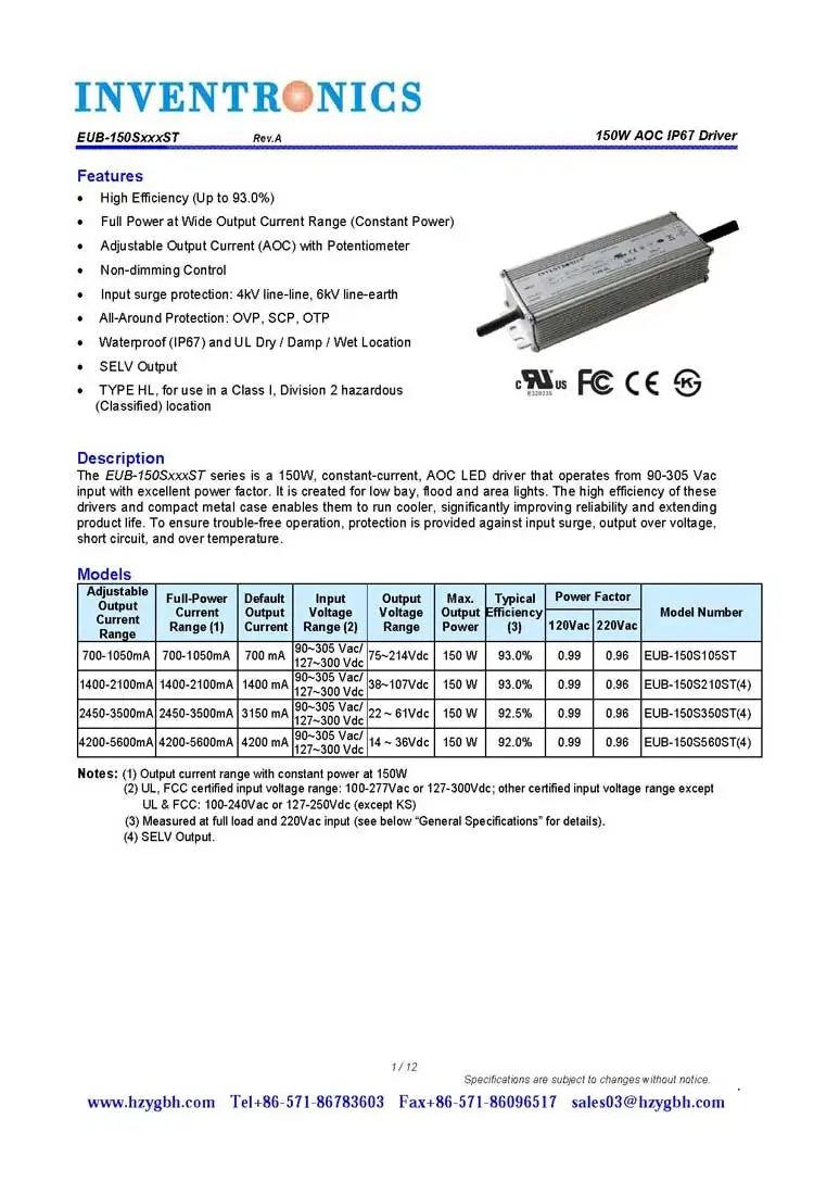 Canada Market EUB 150 Inventronics EUB-150 Series IP67 150W LED Driver AOC Controlador LED