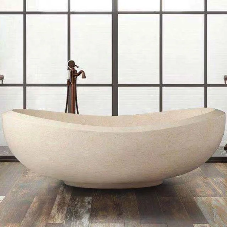 Freestanding High Polished Large Size Natural Sandstone Yellow Marble Stone Oval Bathtub Marble Stone Tub For Hotel Bathroom
