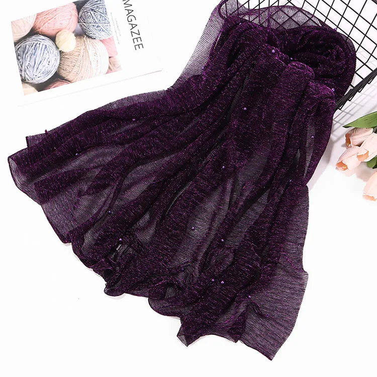 Latest Design High Quality Women Solid Scarf Fashion Glitter Shimmer Shawl with Pearls