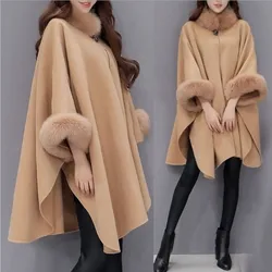 Ecowalson Women Jacket Casual Woollen Outwear Fur Collar Parka Cardigan Cloak Coat