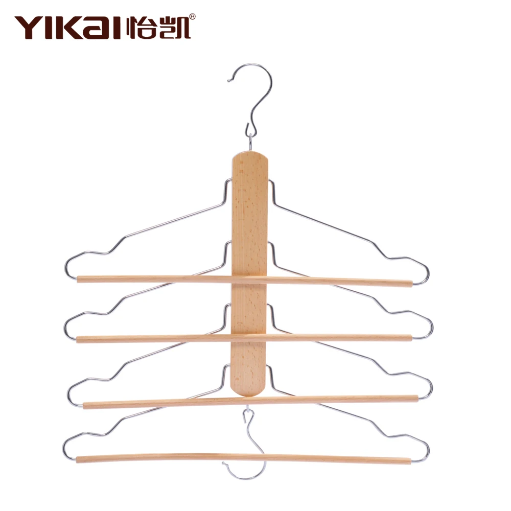 YIKAI Space-saving 4 Tiers Movable Metal Clips Wooden Skirt Hanger