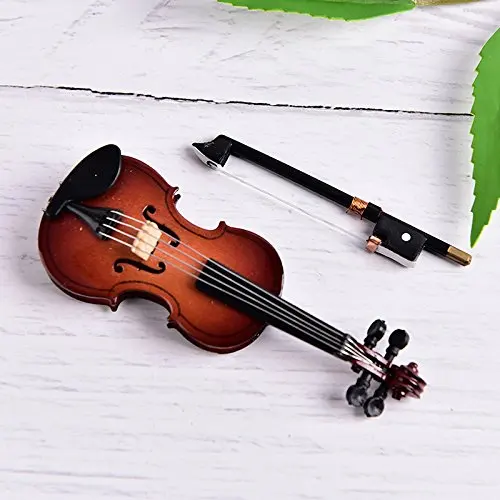 Size 3 inch Mini Violin Dollhouse Miniature Musical Instrument Wooden Model Decor Bow, Stand Support Case