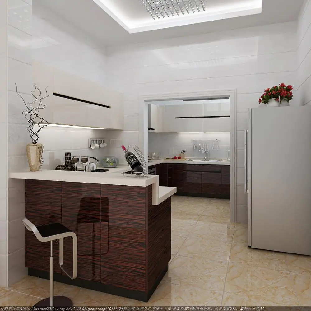 
Modern Gloss Wood Veneer Finish Handless Kitchen Cabinet 