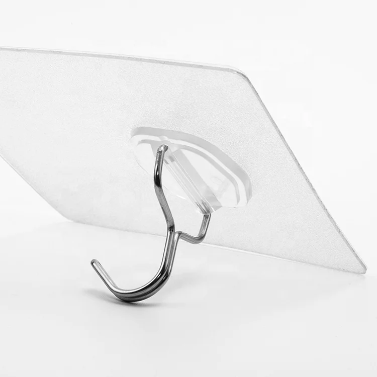 8*9 cm heavy duty transparent Stainless Steel  self-adhesive wall mounted plastic hooks wall sticky hanger