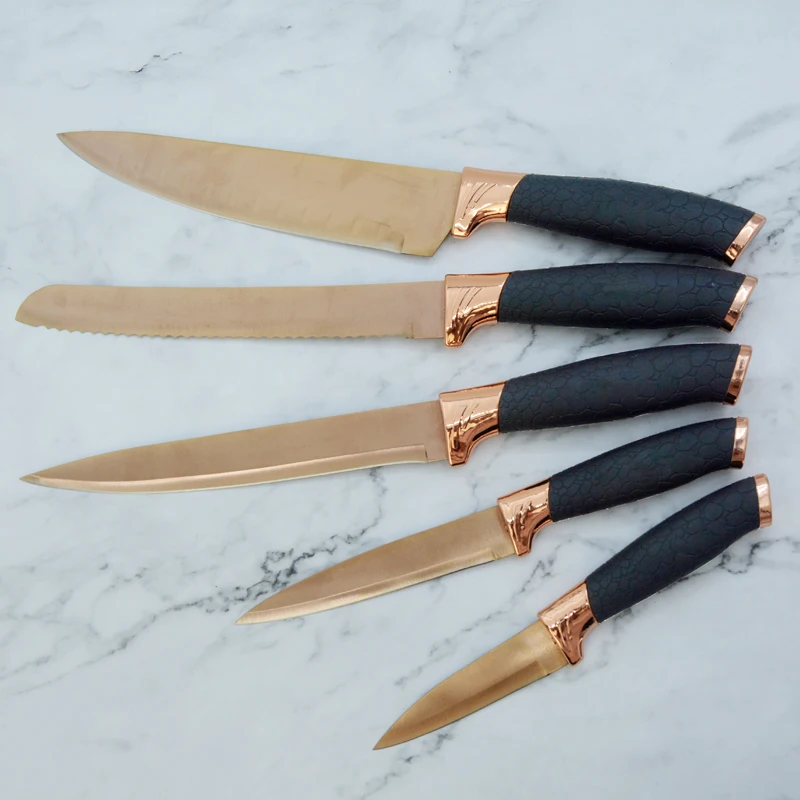 High Quality Stainless Steel Coating Rose Gold 5pcs Kitchen Chef Knife Set With Black TPR Handle