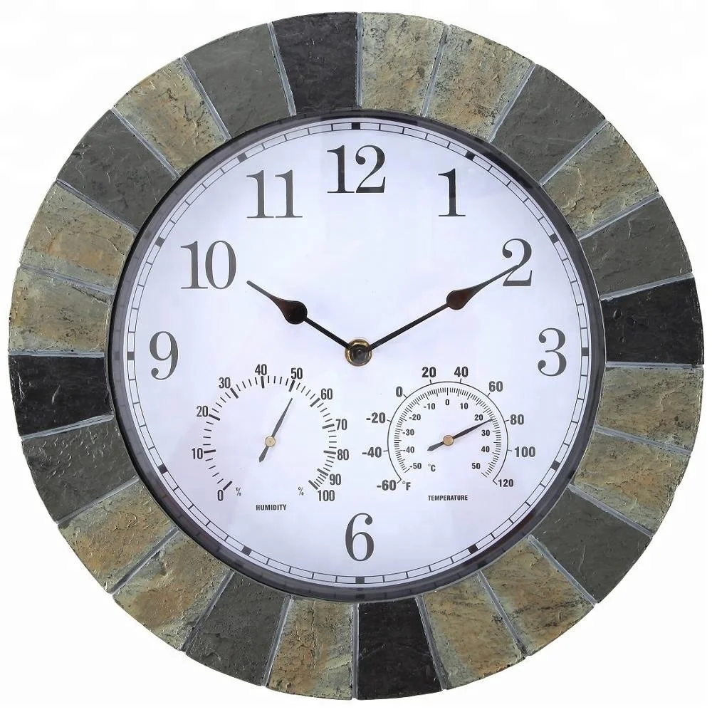 
14 inch Faux Stone Outdoor garden Wall Clock with thermometer and HYGROMETER 