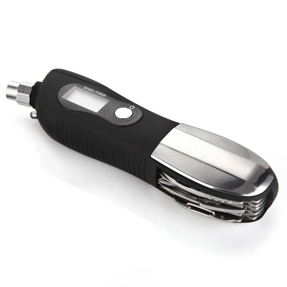 Auto vehicle emergency escape tool with flashlight, digital tire gauge