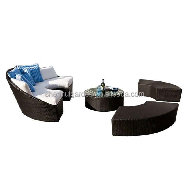 
Outdoor Rattan Wicker Garden Furniture Set With Cushion And Pillows Round Sofa Bed For Hotel 