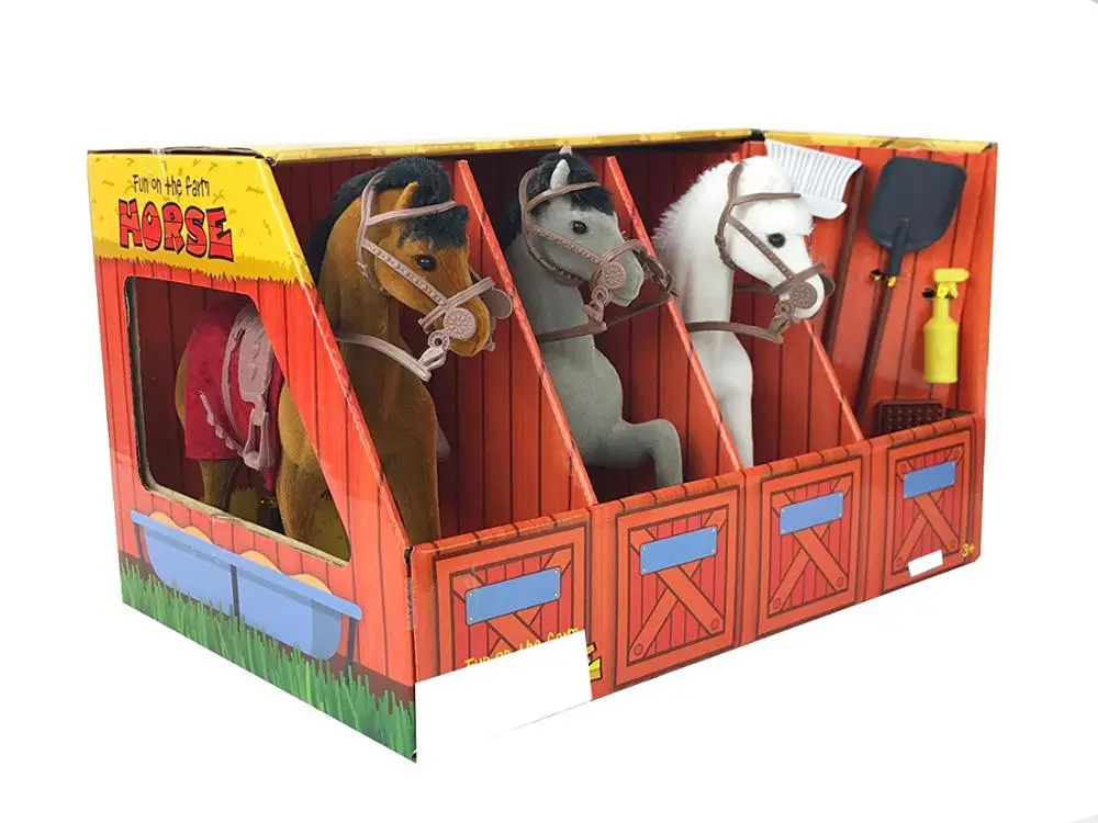 Horse Stable Take-Along Toy Play Set with Farm Tools and Accessories - Set of 3 Horses