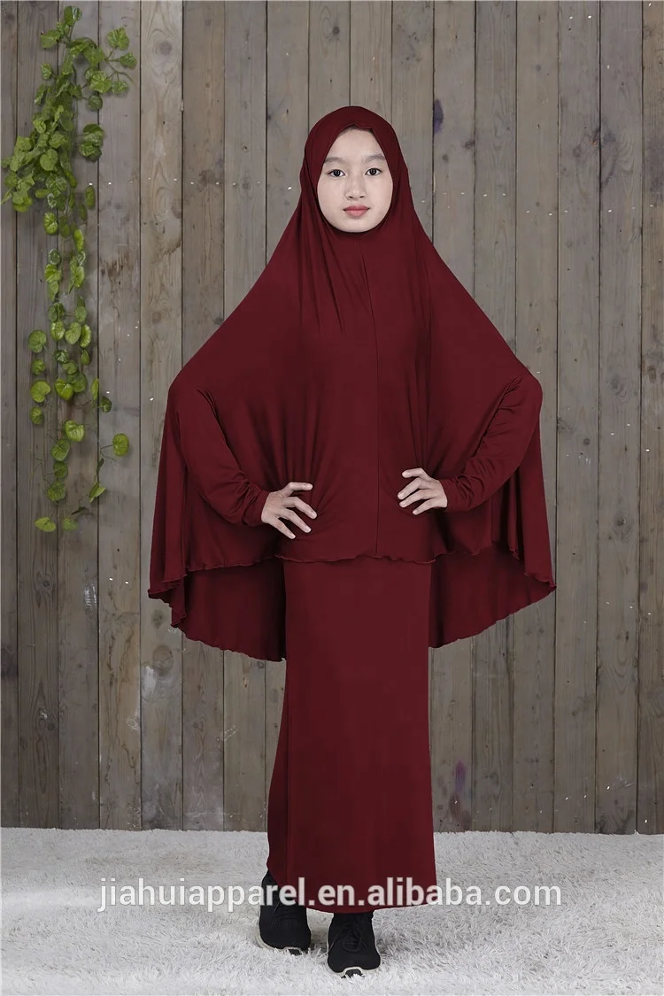 Wholesale Solid Color Muslim Kids Overhead Jilbab Two Piece Hijab Abaya Khimar Headscarf Prayer dress