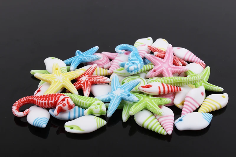 Popular assorted starfish, sea horse, conch shaped custom engraved animal plastic beads
