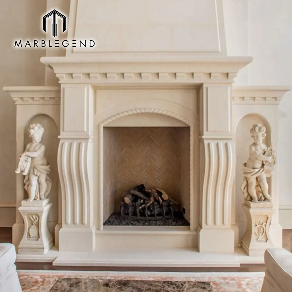 classical household white marble angel statue fireplace mantel with cherub statue