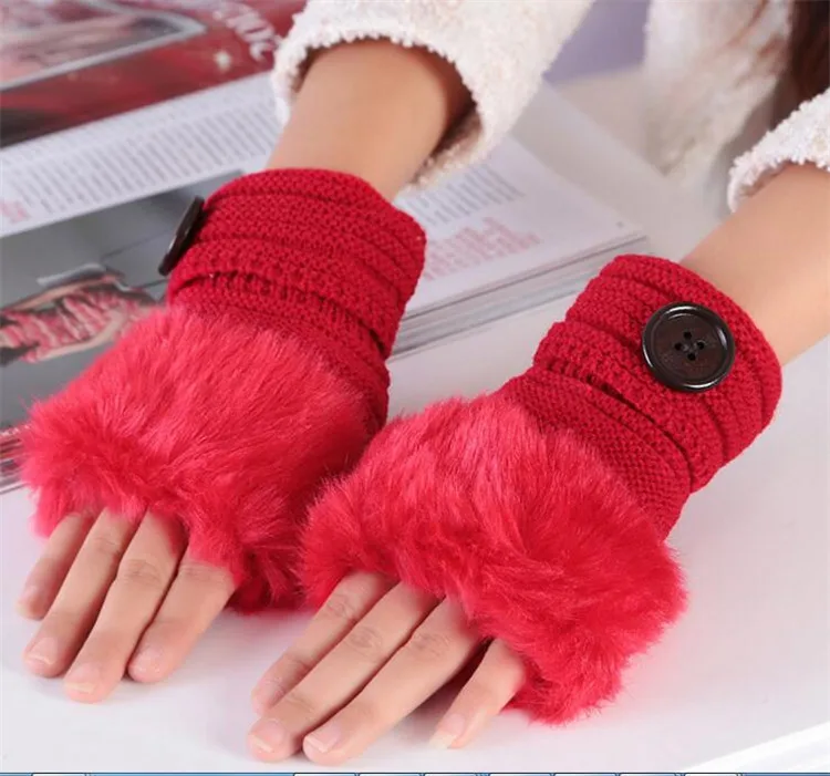 
Factory price faux fur fingerless warm knitted gloves for women 