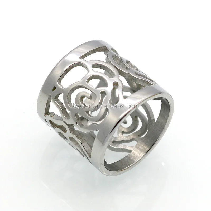 Top Quality Rose Flower Hollowing Craft Gold Color Ring Fashion Brand Jewelry Stainless Steel Ring Wholesale