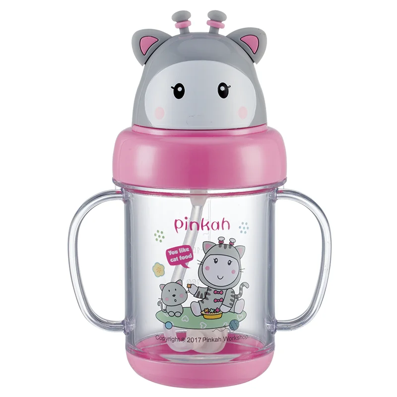 Pinkah Personalized Logo Food Contact Safe BPA Free Plastic Kids Learning Cups with Handles and Straw