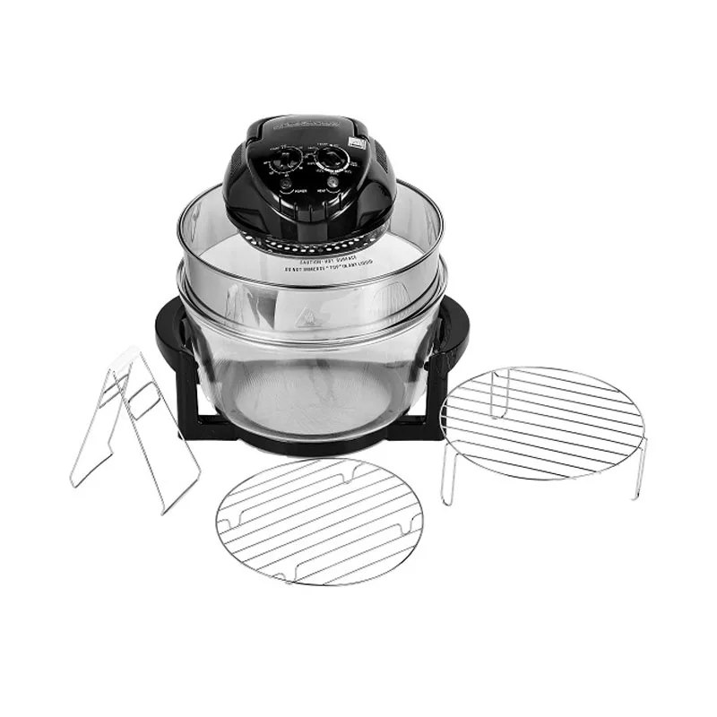 17L 1200-1400W multi functional black color round shape broils roasts glass bowl turbo cooker bulbs halogen oven with ETL