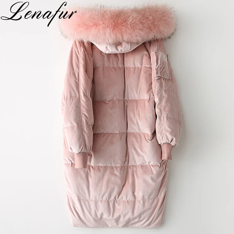 Women Warm Pink Light Blue Oversize Long 90% White Duck Down Feather Padded Fox Fur Collar Down Jackets Coat Overcoat