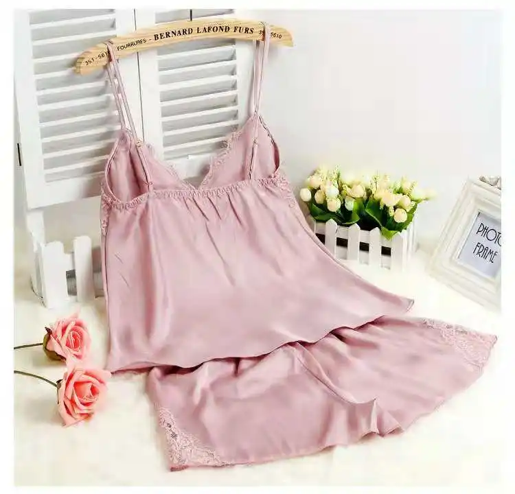 
Wholesale Stock Custom Women Nightwear Satin Silk Camisole Pajamas 
