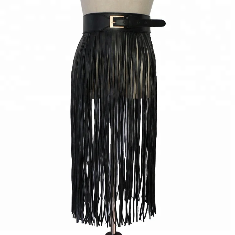 Sexy Woman leather long tassel skirt 2018 ladies tassels waist belt