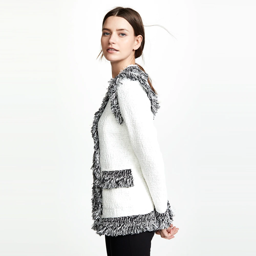 Latest winter jacket open stitch white vintage slim fit fashion tassel cutting plus size blazer jacket casual suit ladies blazer