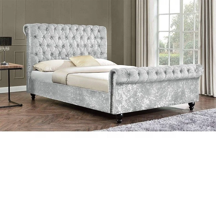 Classy Modern Bed Frame Sleigh Style Fully Upholstered Designer bed in Crushed Velvet or Chenille Fabric