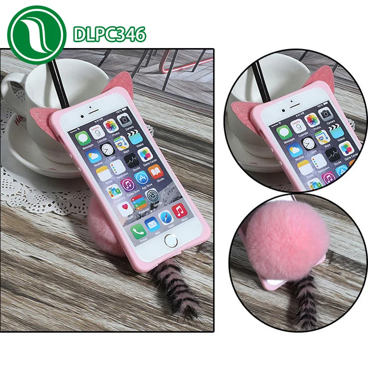 3D Cute Kitty Cat Ear fur case Shockproof Silicone cat shaped ball and tail case plush cat case for iPhone 7