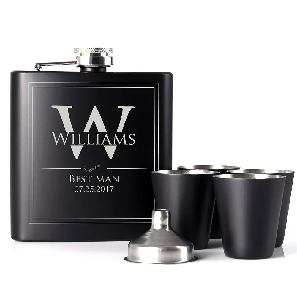 6 унций матовый черный под заказ гравировка нержавеющая сталь фляга подарок набор с 4 шт. стекла