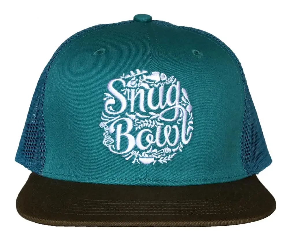 Light blue flat brim 6 panel trucker hat, Flat embroidery logo snapback style trucker cap, custom mesh snapback hat