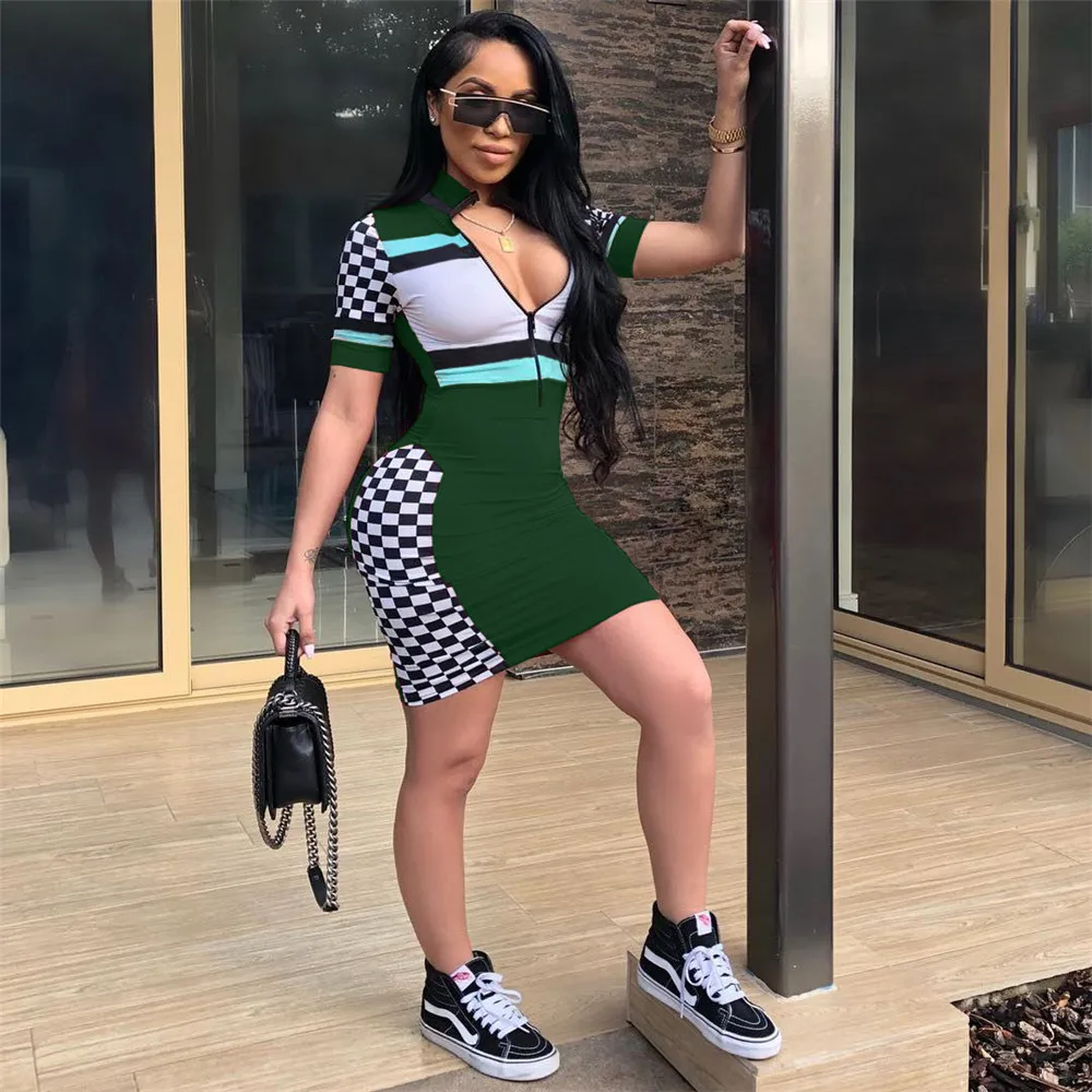 
Ready to ship OEM ODM WA8555 sexy short sleeve sheath zipper front checkered cheerleader dresses 