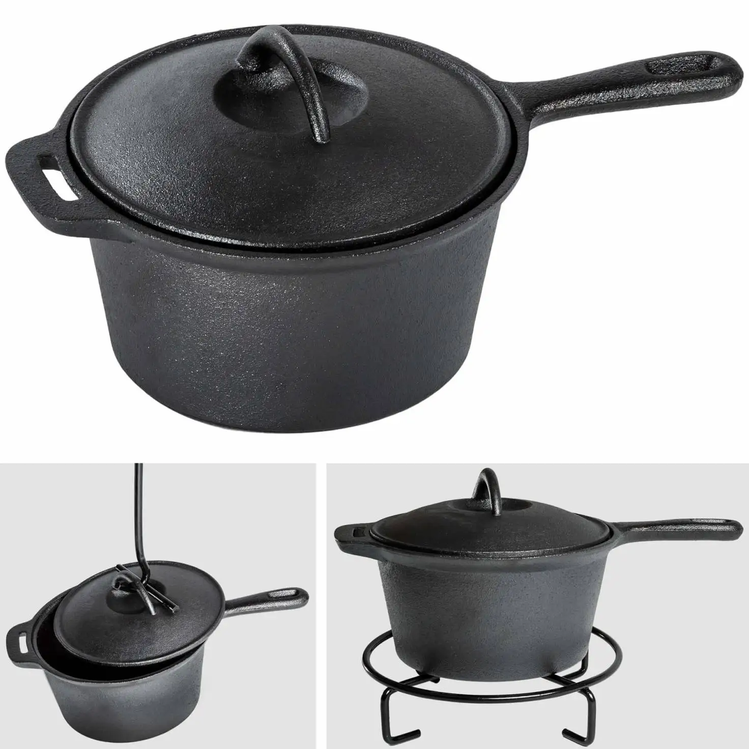 Pre-seasoned Outdoor Cast Iron Cookware Set Dutch Oven Sauce Pot Frying Pan and Grill Pan