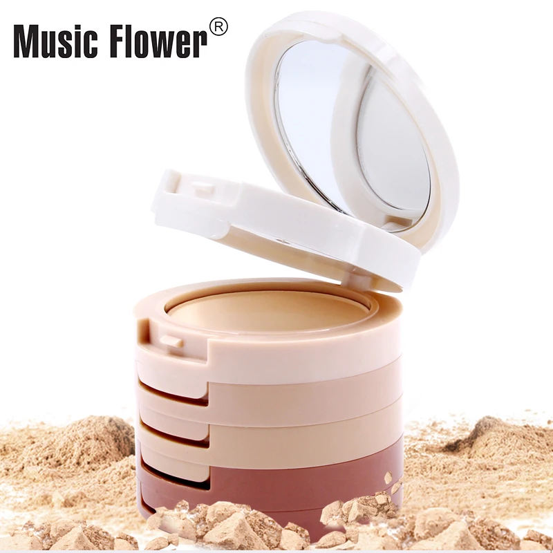 Original Music Flower 24 Hours Longlasting Waterproof Makeup 5 in 1 Concealing Shading Compact Press Powder With Mirror & Puff