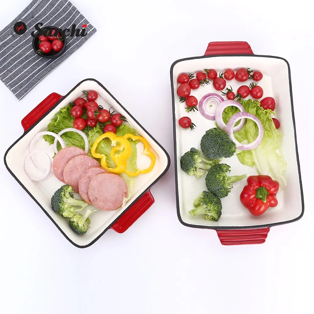 Rectangular Lasagna Pan Cast Iron Enamel Roaster Dish Pans