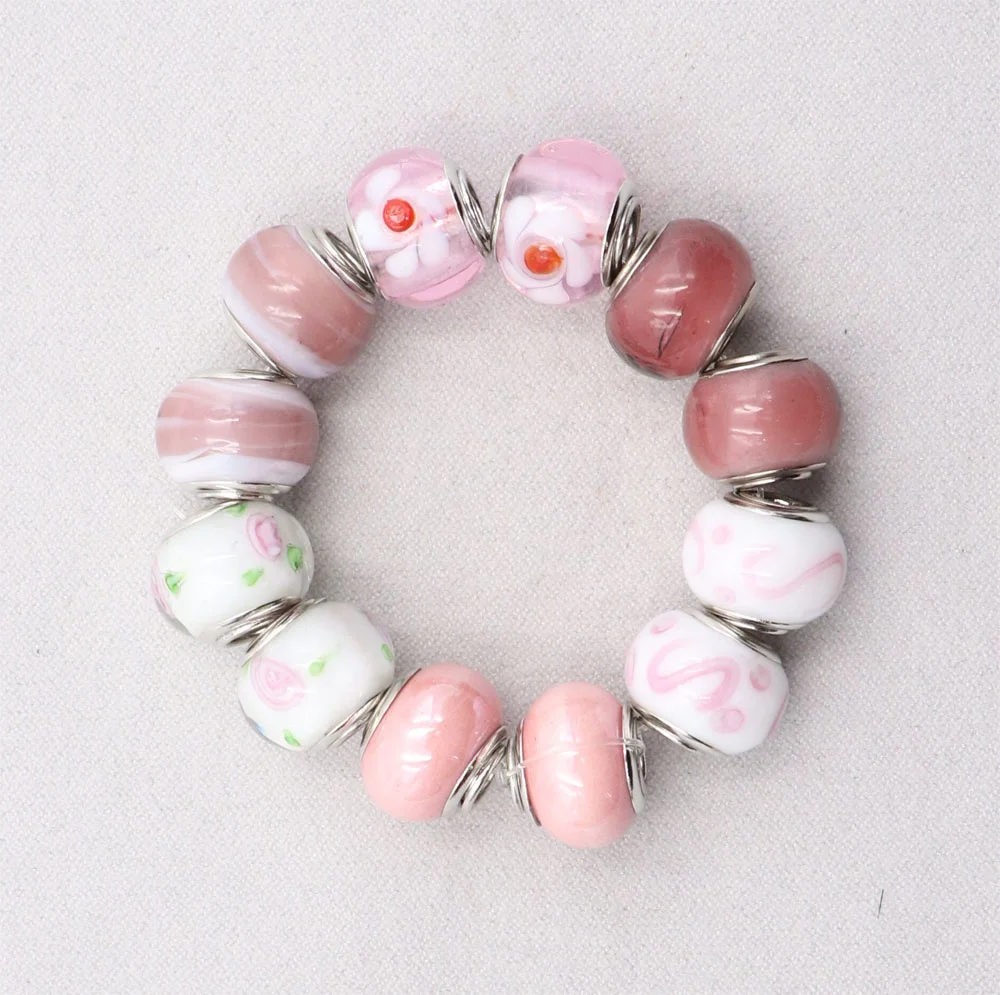 Wholesale Cheap Handmade Murano Lampwork Glass Pink big hole spacer beads  with Silver Plated Metal Core