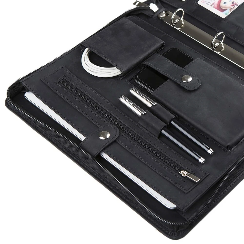 
Black Business Customized Portfolio PU Leather Ring Binder File A4 