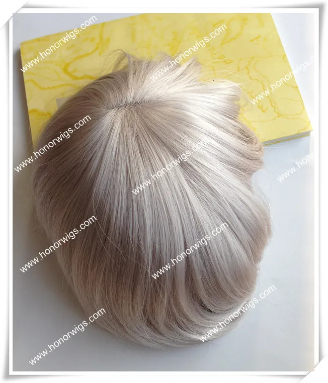 Персонализированный мужской парик HT17, 100% синтетические волосы K7 из Японии, белые серые волосы o.12mesh с прозрачной тонкой кожей около 7x9 дюймов