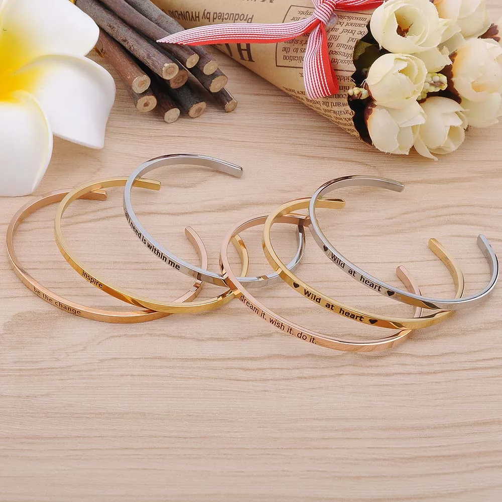 Wholesale Custom Logo 316L Stainless Steel Jewelry Engraved Inspirational Stamped Message Bangles Cuff Bracelets For Women