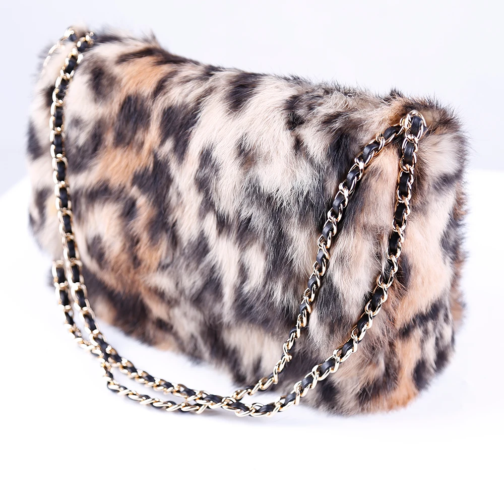 Fashion Designer Charm Luxury Leopard Pattern Print Real Rabbit Fur Women Fur Bag