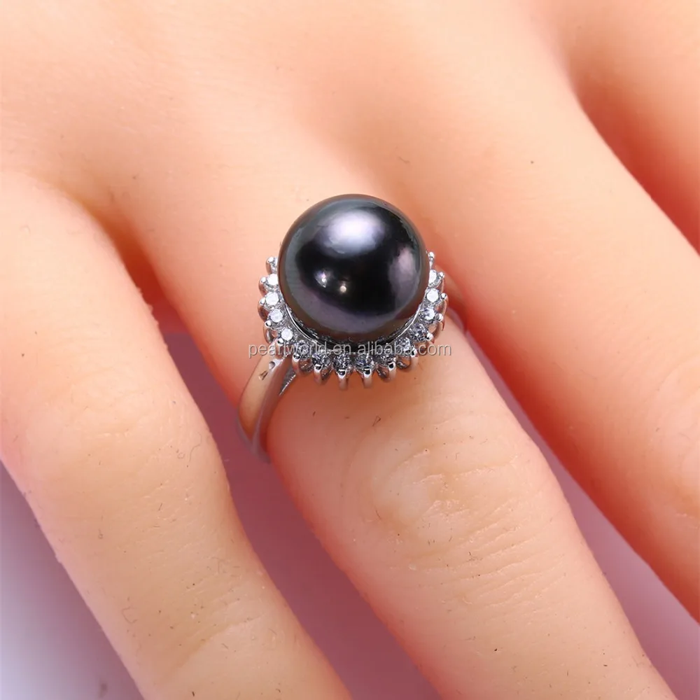 FEIRUN 11-12mm Round New Fashion Pearl Ring Jewelry, Tahitian Pearl Ring, 925 Sterling Silver Pearl Ring