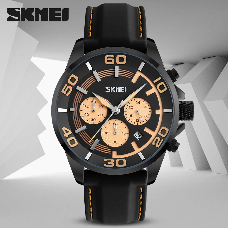 SKMEI 9154 mens luxy three dial genuine leather quartz watch