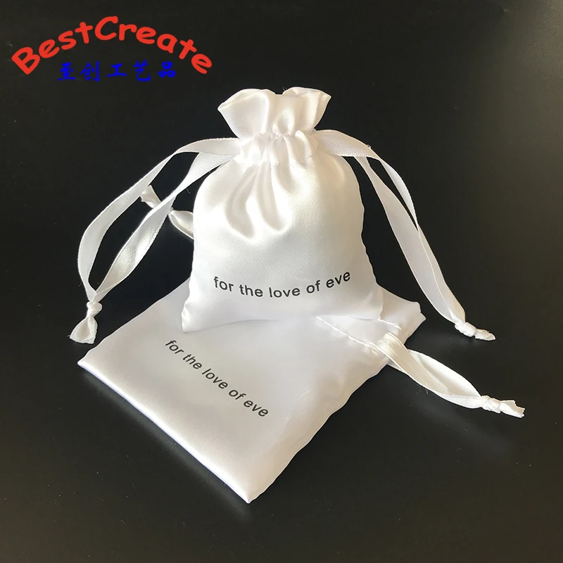 Custom Logo Printing white small drawstring satin wedding gift bags