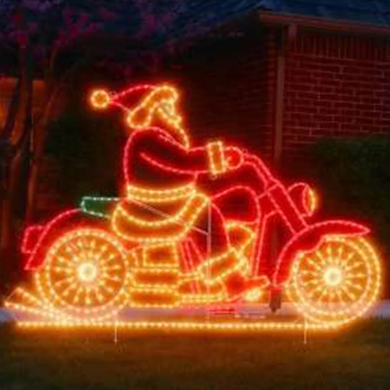 Outdoor 2D rope light animated LED Santa motorbike golf cart characters for commercial Christmas lawn rooftop decoration