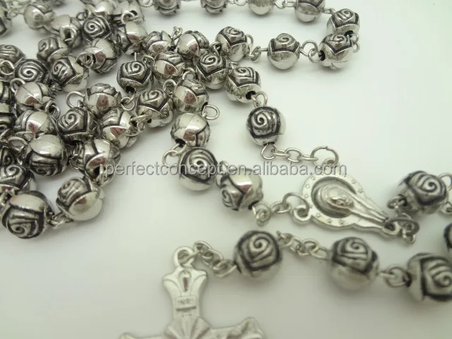 Wholesale Catholic cross pendant Silver color rose bead chain Rosary necklace