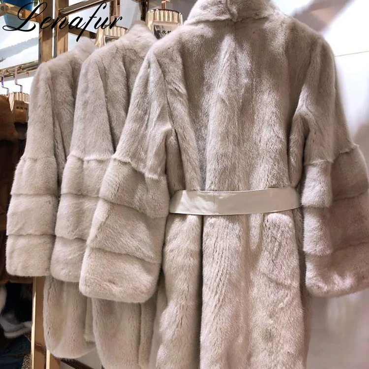 China Factory Wholesale Women Winter Grey Natural Long Luxury High Quality Imported Full Real Mink Fur Jacket Coat with Belt