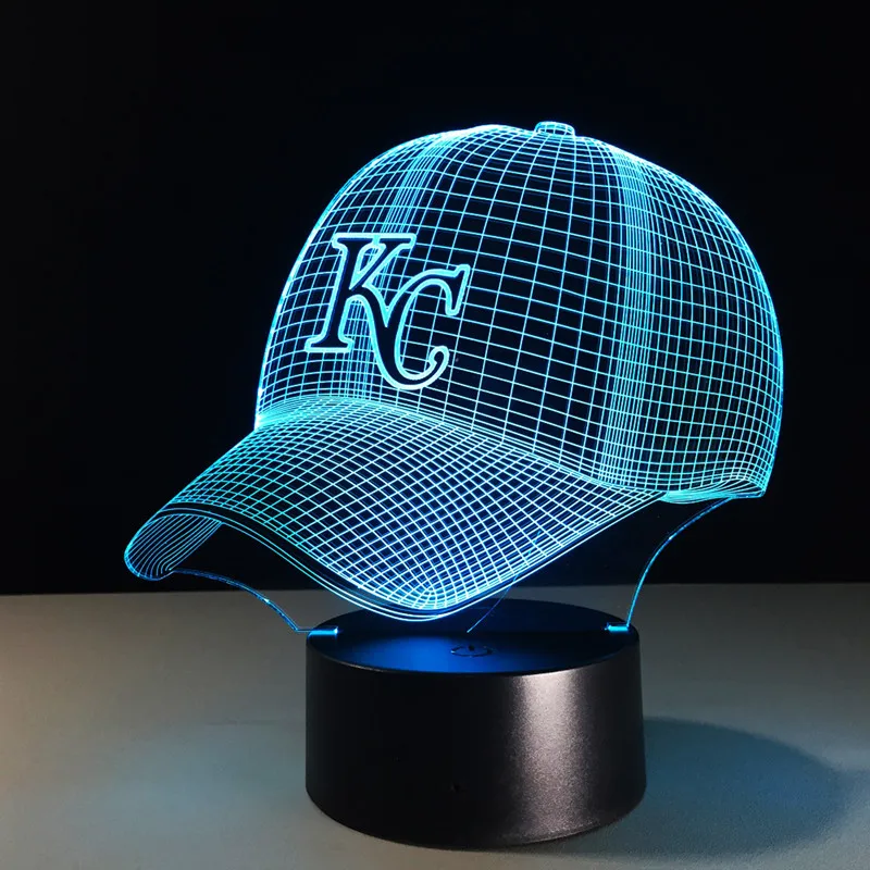 Novelty MBL Kansas City Chiefs Royals Baseball Cap Illusion LED Night Light Colorful Hologram 3D Desk Lamp for Home Decor Gifs