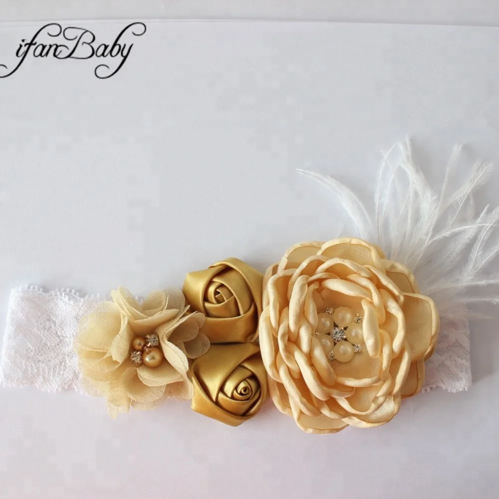 Girl Feather Lace Headband With Chiffon Flower Headband Rose Burn Flower Headband