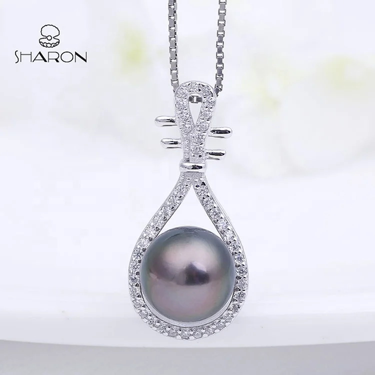 Popular Fashion Custom Sterling Silver Lute Musical Instrument Natural Pearl Pendant Necklace For Women